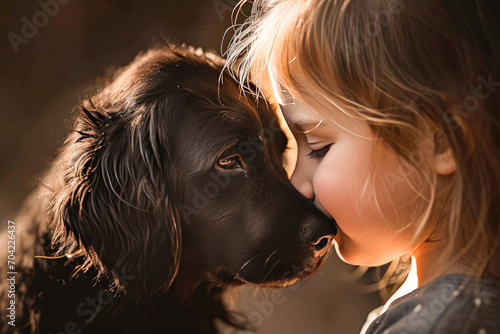 A touching moment of a young girl and her brown dog sharing a gentle, affectionate nose touch outdoors in warm light.