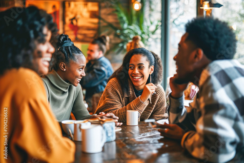A diverse group of young adults enjoying a warm conversation over coffee in a cozy cafe setting. photo
