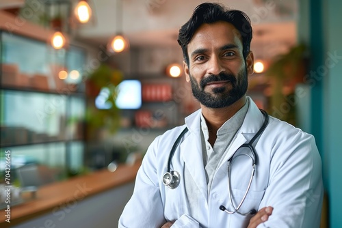 Portrait of happy friendly male Indian latin doctor medical worker wearing white coat with stethoscope around neck standing in modern private clinic looking at camera, healthcare, Generative AI photo