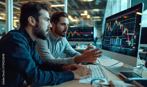 Two diverse crypto traders brokers stock exchange market investors discussing trading charts research reports growth using pc computer looking at screen analyzing invest strategy, Generative AI 