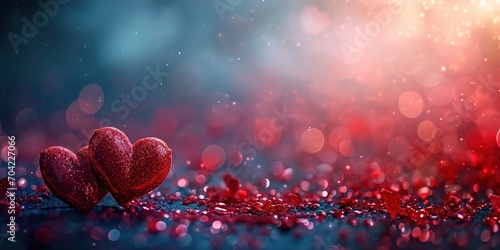 Valentines day background banner - abstract panorama background with red hearts - concept love, bokeh, Generative Ai