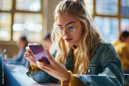 Teen girl gen z student using mobile phone looking at smartphone sitting at desk in university college campus classroom. Young blonde woman holding cellphone modern tech, Generative AI  photo