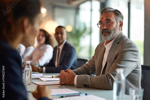 Busy older manager leader and company employees at business meeting discussing corporate management. International professional business people board team at boardroom office, Generative AI 