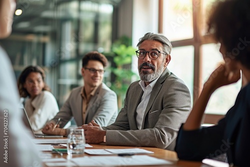 Busy older manager leader and company employees at business meeting discussing corporate management. International professional business people board team at boardroom office, Generative AI  photo