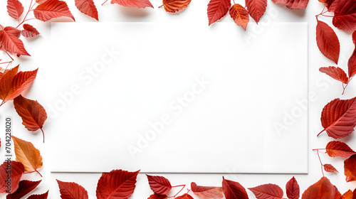 Creative frame with white copy space red autumn leaves, generative ai