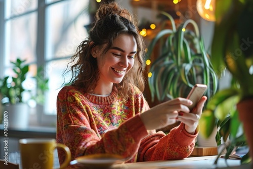 Young happy smiling pretty woman sitting at table holding smartphone using cellphone modern technology, looking at mobile phone while remote working or learning, texting messages, Generative AI  photo