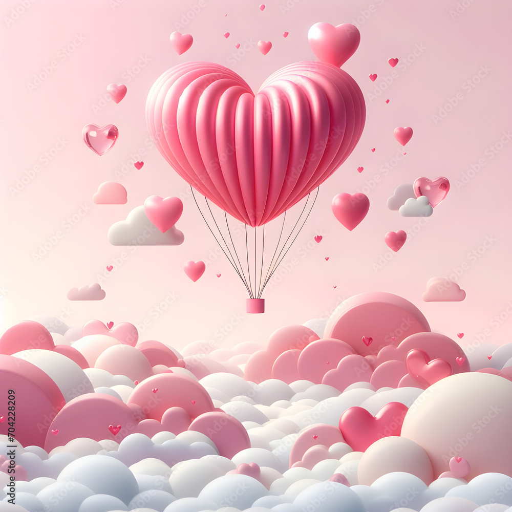 Paper art of flying heart balloons and small hearts. scattered in the sky Valentine's Day art and illustration