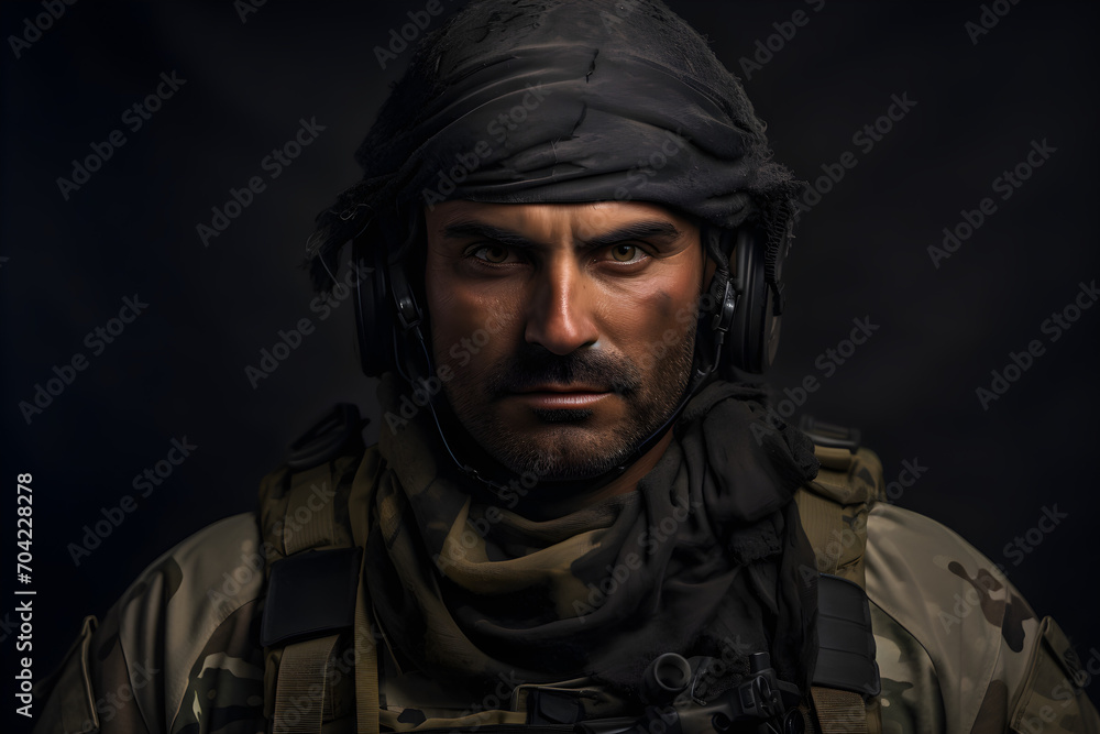 Fototapeta premium studio portrait of fully kitted special forces soldier on a black background