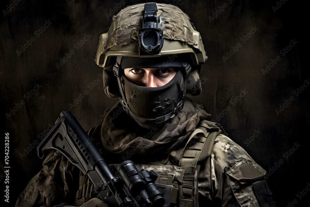 studio portrait of fully kitted special forces soldier on a black background studio portrait of fully kitted special forces soldier on a black background
