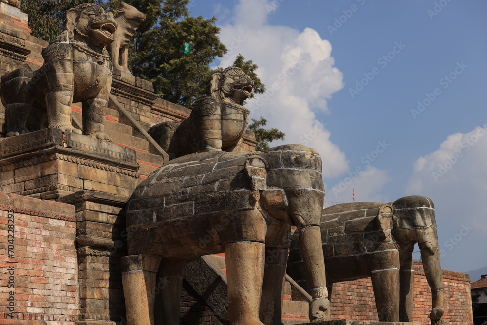  statue of elephant outside temple of Silu Mahadeva in Bhaktapur Durbar Square at nepal