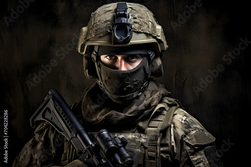 studio portrait of fully kitted special forces soldier on a black background © sam