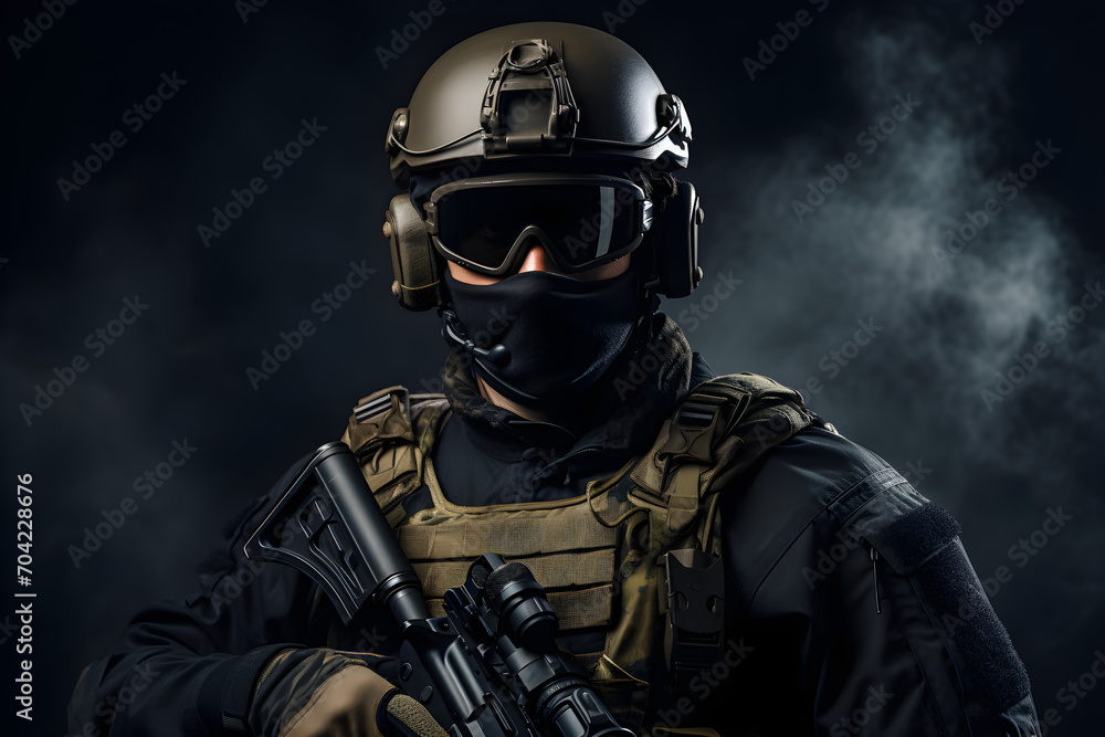 fully kitted special forces soldier on a dark background