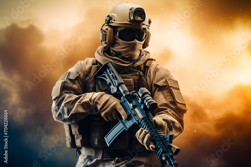 fully kitted special forces soldier on a bright background photo