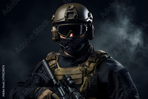 fully kitted special forces soldier on a dark background © sam