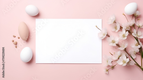 Creative easter flat lay with white blank paper, generative ai