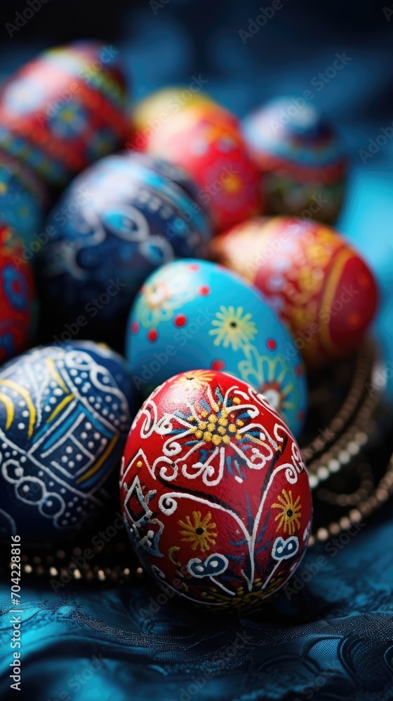 Easter eggs painted in blue color. Vertical holiday banner Easter eggs painted in blue color. Vertical holiday banner