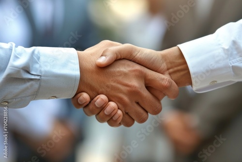 A man is shaking hands with someone behind him