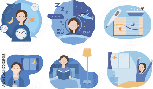 睡眠環境や眠りのメカニズムに関連するイラストセット