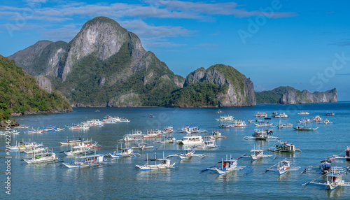 Small boats in the harbor at El Nido town on Palawan island in the Philippines