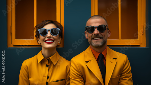 Couple dressed in rain gear under a window - happy - smiling - quirky humor- offbeat 