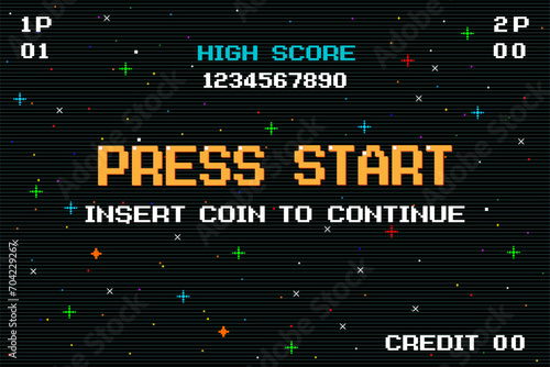 PRESS START INSERT A COIN TO CONTINUE. pixel art .8 bit game. retro game. for game assets in vector illustrations.	