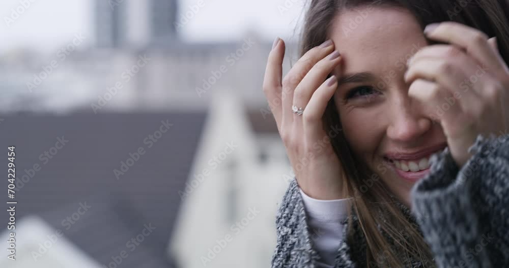 Woman, balcony and smile on face in outdoors, city background and relaxing on rooftop at home. Happy female person, portrait and laughing for funny joke or comedy, silly humor and goofy or carefree Woman, balcony and smile on face in outdoors, city background and relaxing on rooftop at home. Happy female person, portrait and laughing for funny joke or comedy, silly humor and goofy or carefree