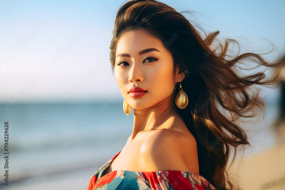 portrait of a stylish modern asian woman wearing elegant high-fashion clothes on vacation portrait of a stylish modern asian woman wearing elegant high-fashion clothes on vacation