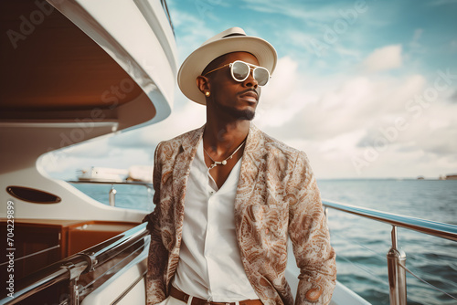 portrait of a stylish modern black man wearing elegant high-fashion clothes on vacation