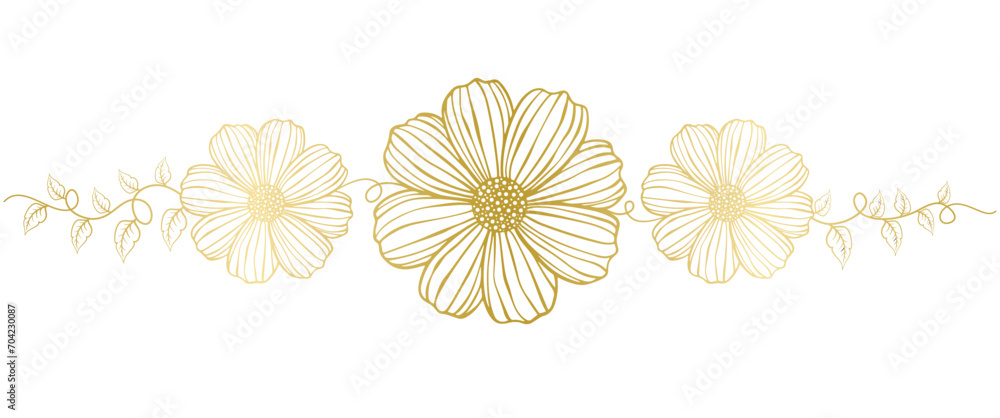 Decorative golden flowers, design elements. Golden floral background in line art style. Decorative golden flowers, design elements. Golden floral background in line art style.