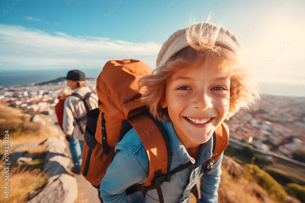 Happy traveller child with backpack taking selfie picture - Travel blogger Life style and technology concept Happy traveller child with backpack taking selfie picture - Travel blogger Life style and technology concept