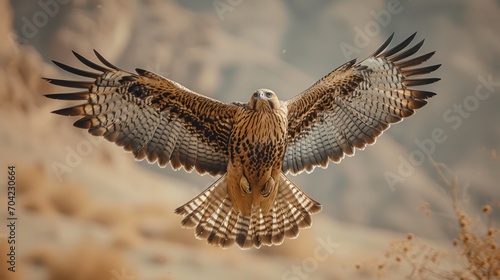 Falcon catching its prey flying in the middle of the beautiful desert