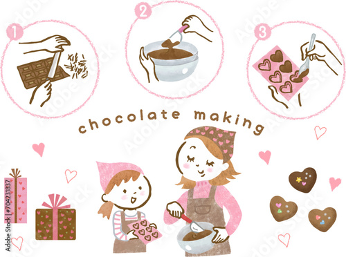 バレンタインチョコを手作りする親子と、作り方の手順の手描きイラスト