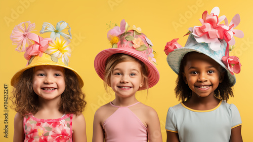 Cute girls with Easter festive hats on yellow background.