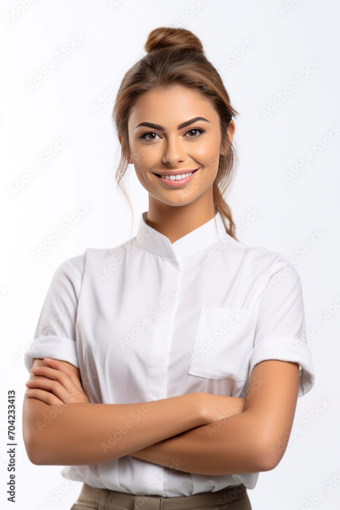 Portrait of beautiful waitress in white shirts while happily looking in camera with arms folded on white background. Portrait of beautiful waitress in white shirts while happily looking in camera with arms folded on white background.