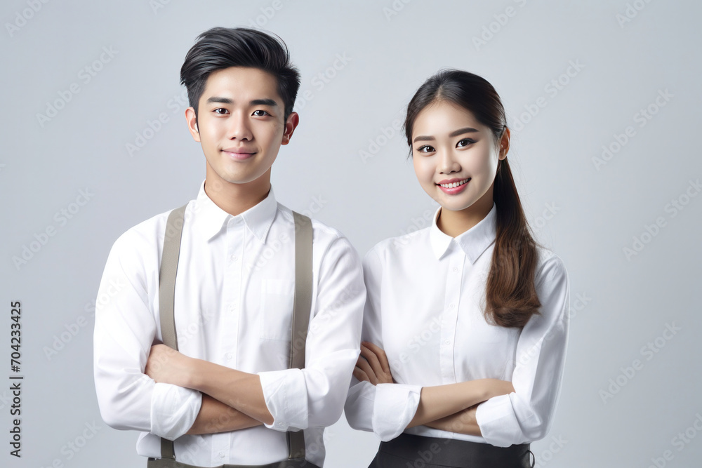 Portrait of Asian young smiling waiter and beautiful waitress in white shirts and vests sstanding back to back while happily looking in camera with arms folded on white background. Portrait of Asian young smiling waiter and beautiful waitress in white shirts and vests sstanding back to back while happily looking in camera with arms folded on white background.