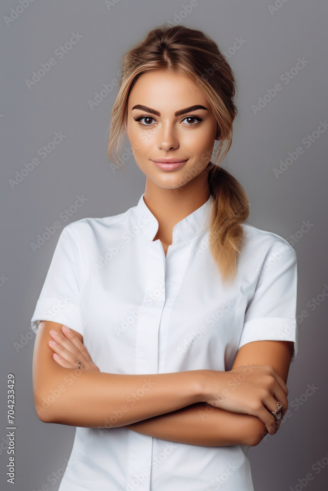 Portrait of beautiful waitress in white shirts while happily looking in camera with arms folded on white background. Portrait of beautiful waitress in white shirts while happily looking in camera with arms folded on white background.