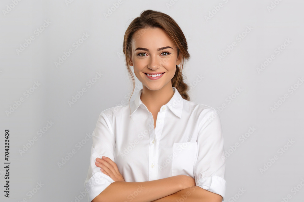 Portrait of beautiful waitress in white shirts while happily looking in camera with arms folded on white background. Portrait of beautiful waitress in white shirts while happily looking in camera with arms folded on white background.