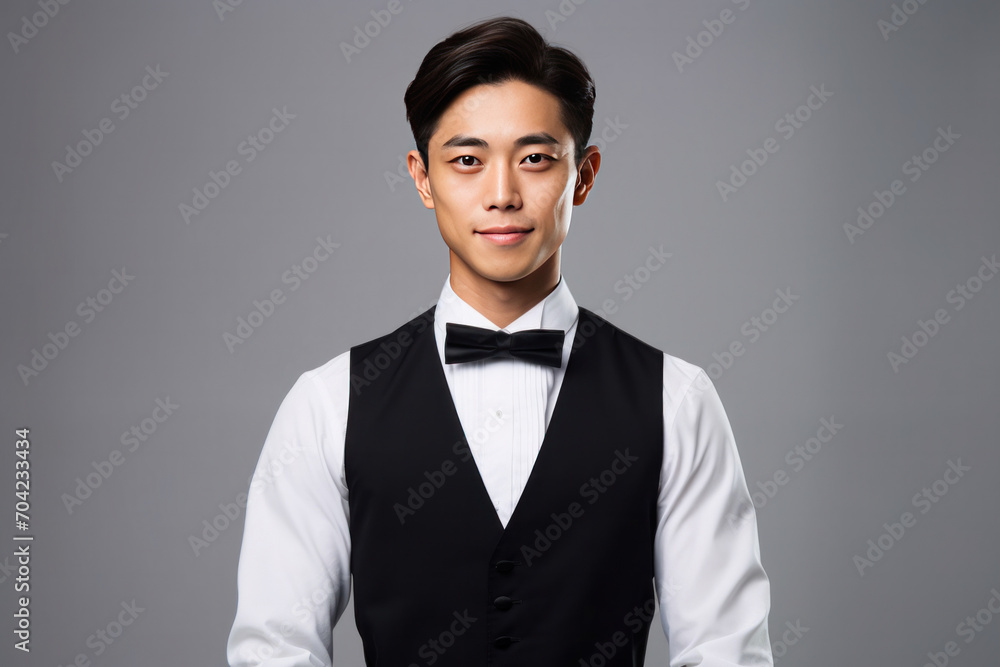 Portrait of handsome young waiter in tuxedo and gloves while happily looking in camera with arms folded on white background.