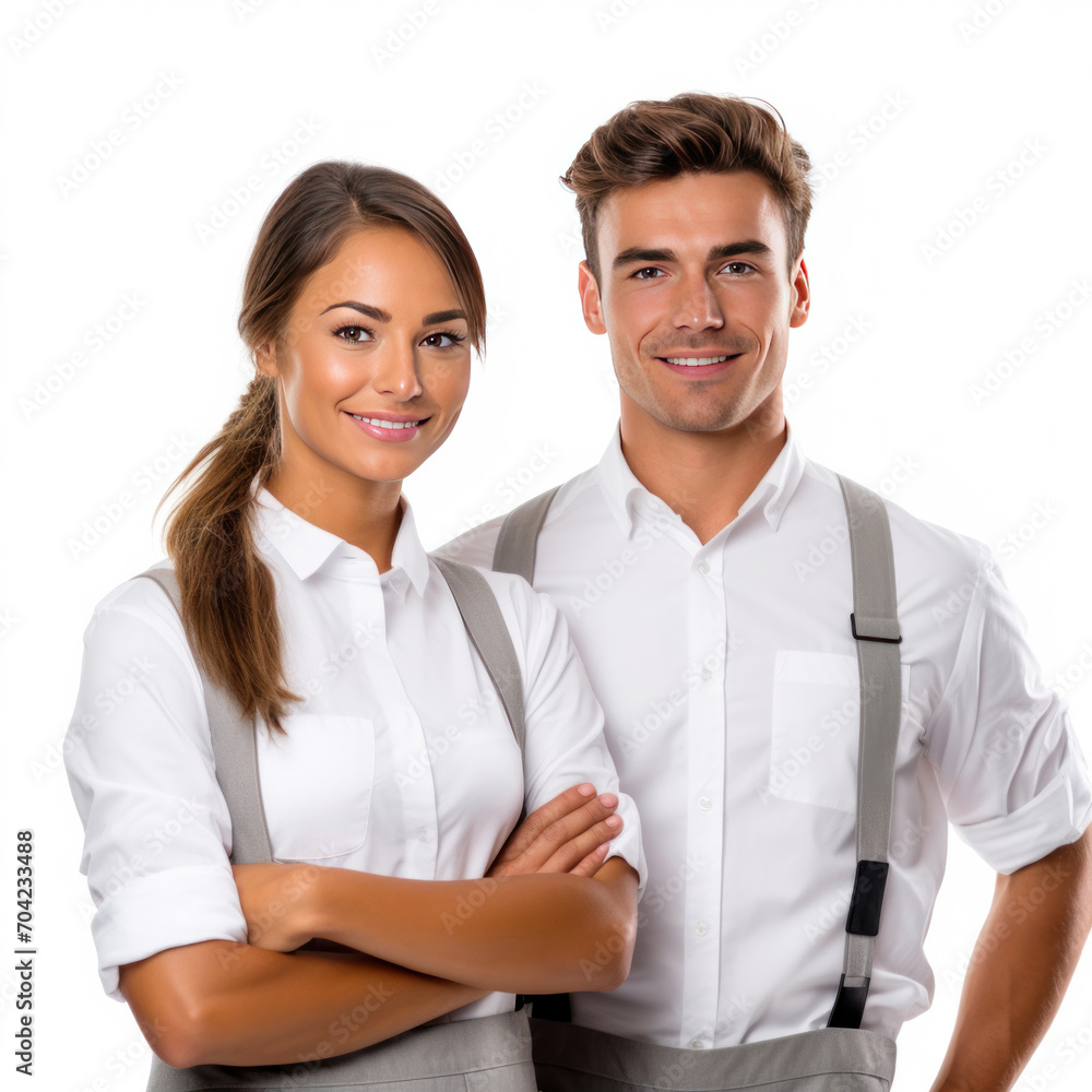 Portrait of Young smiling waiter and beautiful waitress in white shirts and vests sstanding back to back while happily looking in camera with arms folded on white background. Portrait of Young smiling waiter and beautiful waitress in white shirts and vests sstanding back to back while happily looking in camera with arms folded on white background.