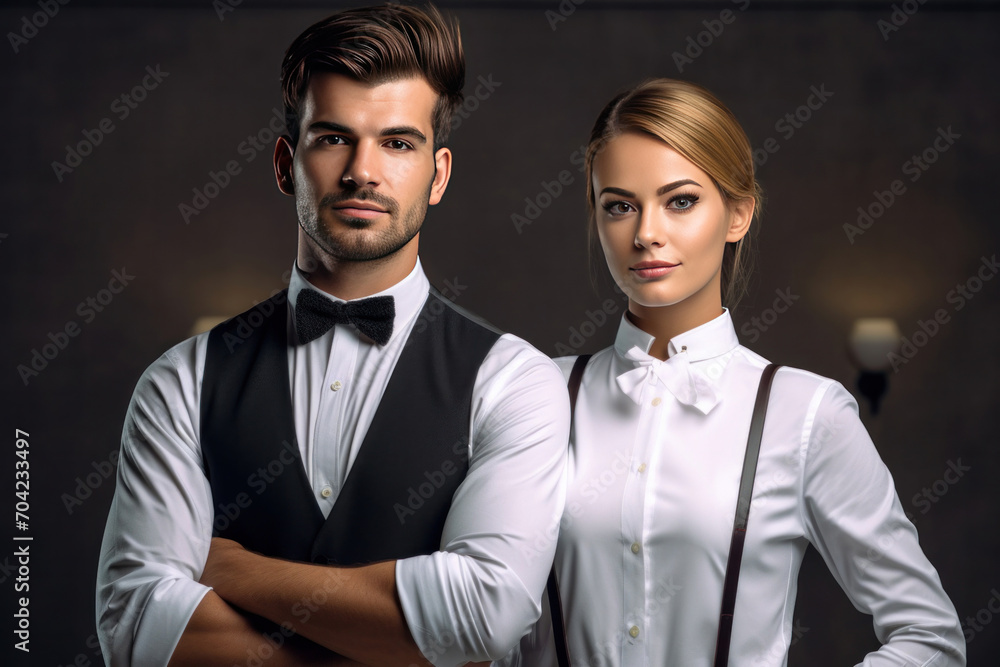 Portrait of Young smiling waiter and beautiful waitress in white shirts and vests sstanding back to back while happily looking in camera with arms folded on white background.