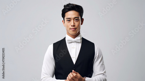 Portrait of asian handsome yong waiter in tuxedo and gloves while happily looking in camera with arms folded on white background. photo