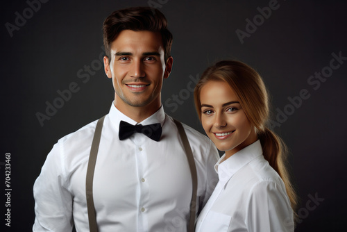 Portrait of Young smiling waiter and beautiful waitress in white shirts and vests sstanding back to back while happily looking in camera with arms folded on white background.