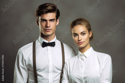 Portrait of Young smiling waiter and beautiful waitress in white shirts and vests sstanding back to back while happily looking in camera with arms folded on white background. photo