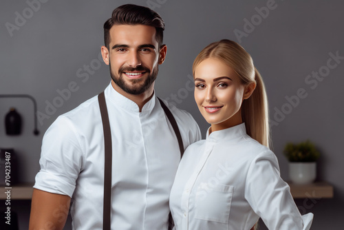 Portrait of Young smiling waiter and beautiful waitress in white shirts and vests sstanding back to back while happily looking in camera with arms folded on white background.