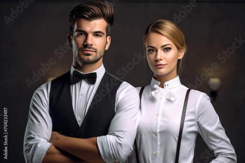 Portrait of Young smiling waiter and beautiful waitress in white shirts and vests sstanding back to back while happily looking in camera with arms folded on white background. photo