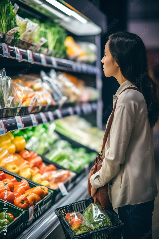 Asian woman grocery shopping in supermarket aisle