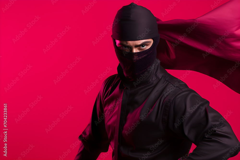 portrait of ninja isolated on red background