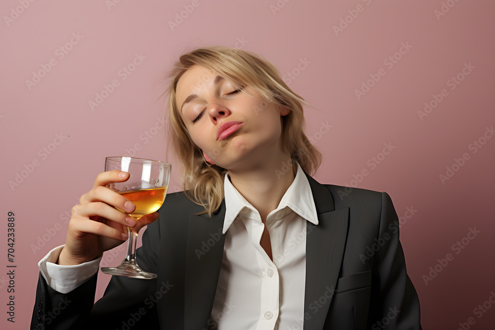 studio portrait of intoxicated businesswoman with glass of wine isolated on pink background studio portrait of intoxicated businesswoman with glass of wine isolated on pink background