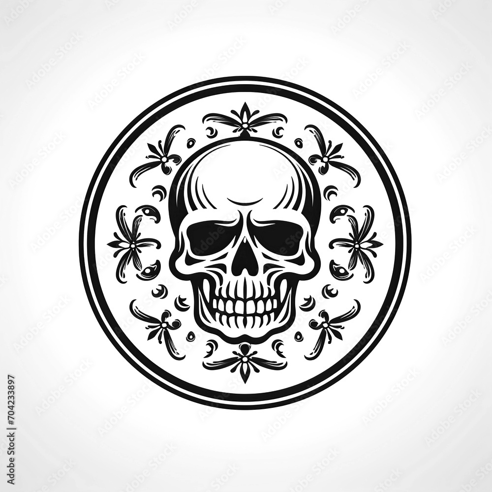 minimalistic round logo emblem symbol with a black skull on white isolated background minimalistic round logo emblem symbol with a black skull on white isolated background