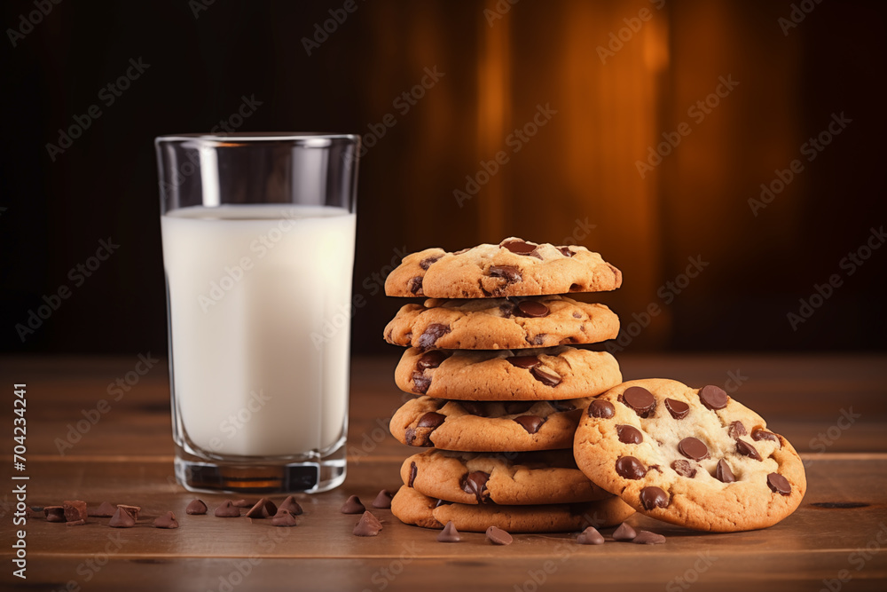 Homemade Cookie Stack with Glass of Milk Dessert Stack on woodenTable. Homemade Cookie Stack with Glass of Milk Dessert Stack on woodenTable.